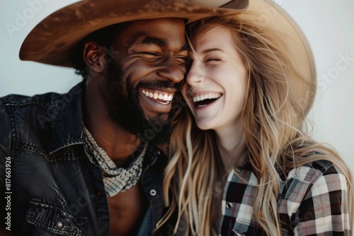 Close-up of cowboy couple laughing and enjoying a moment together photo