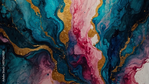 Marble ink abstract art background. Luxury abstract fluid art painting in alcohol ink technique, mixture of blue, pink and gold paints. generative. photo