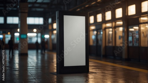 Mock up. Vertical advertising billboard, lightbox with empty digital screen on railway station. Blank white poster advertising, public information board stands at station. photo