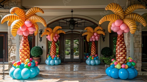 Balloon palm trees standing tall at the entrance, transporting guests to a tropical birthday paradise © Misbah