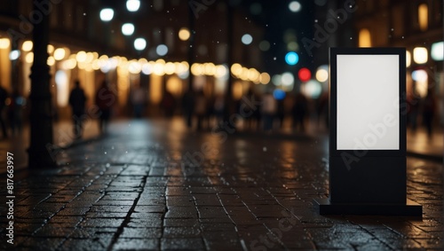 Mockup. Blank white vertical advertising banner billboard stand on the sidewalk at night.