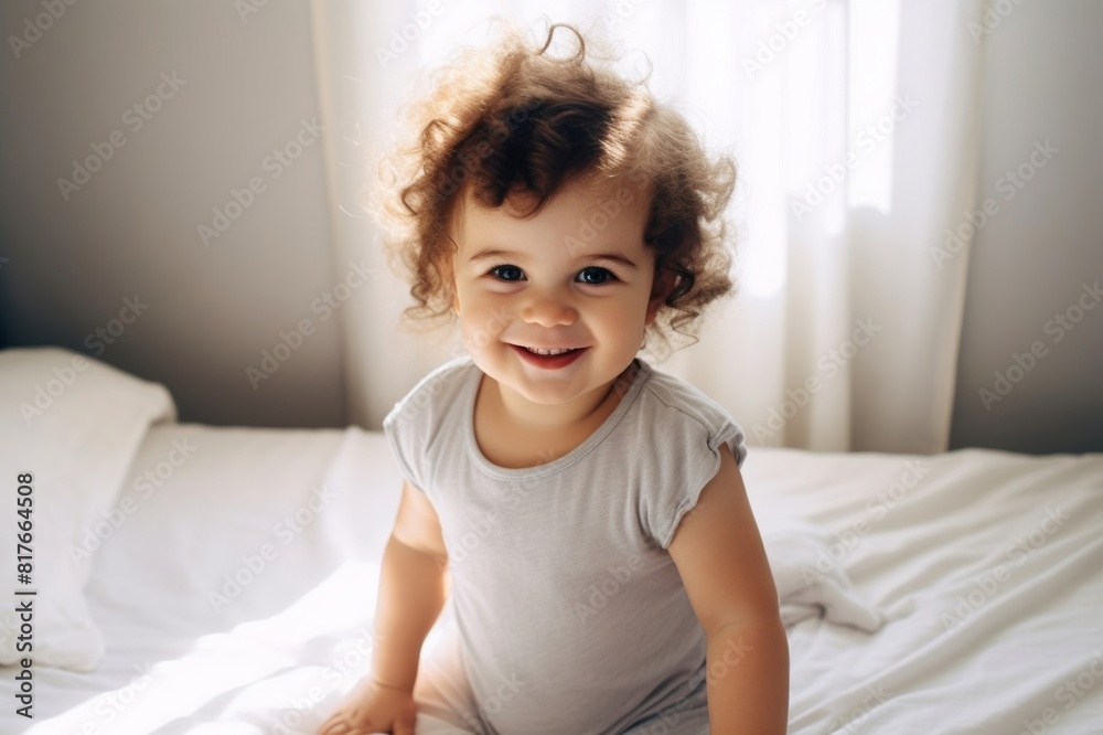 Portrait of cute baby girl in bedroom. Smiling toddler is standing by bed. She is at home Portrait of cute baby girl in bedroom. Smiling toddler is standing by bed. She is at home