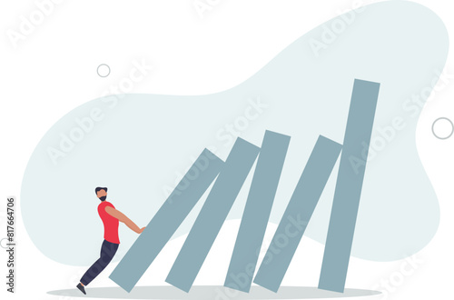businessman pushing tiny domino to make bigger one fall.flat vector illustration.