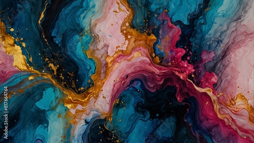 Marble ink abstract art background. Luxury abstract fluid art painting in alcohol ink technique, mixture of blue, pink and gold paints. generative.