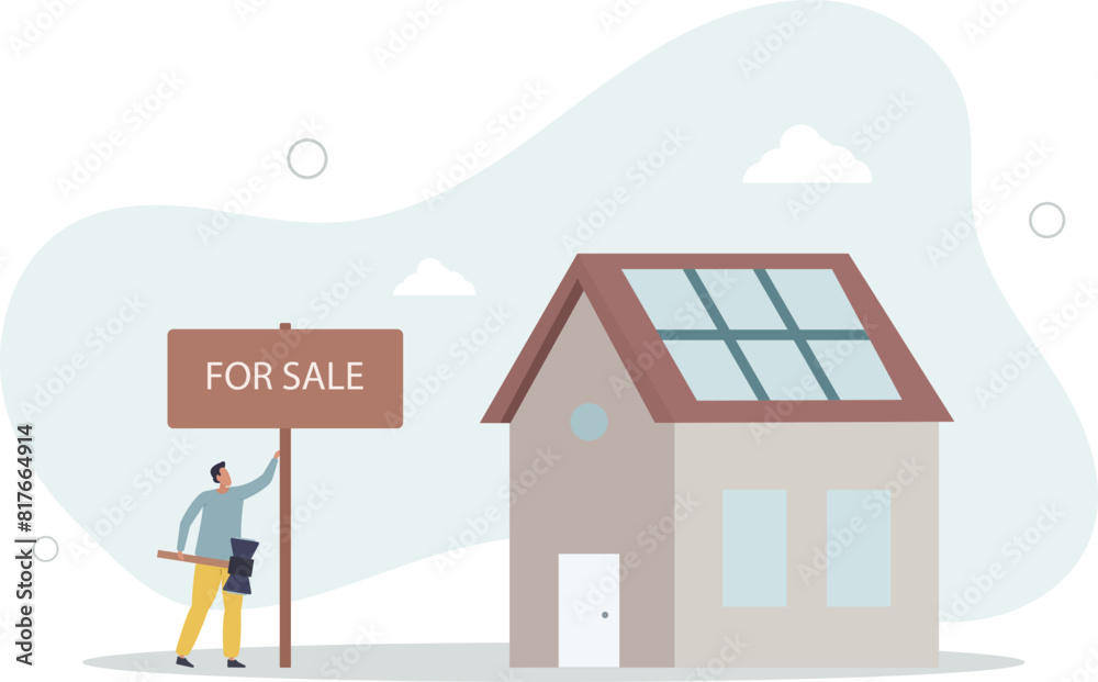 home owner hammer for sale sign in front of his house.flat vector illustration. home owner hammer for sale sign in front of his house.flat vector illustration.