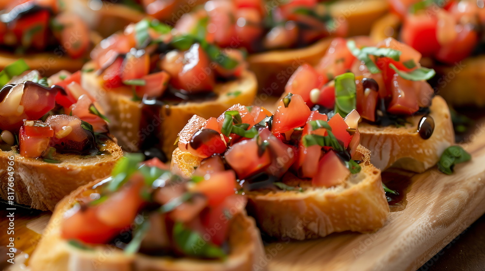 Fresh bruschetta topped with diced tomatoes, basil, garlic, and balsamic glaze on toasted baguette slices. Fresh bruschetta topped with diced tomatoes, basil, garlic, and balsamic glaze on toasted baguette slices.