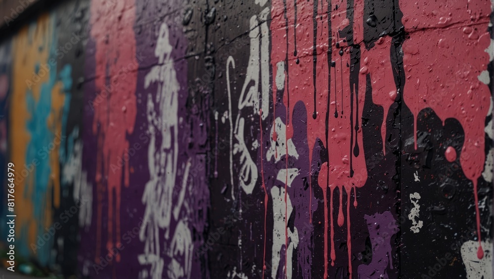 Part of old graffiti in city street. Abstract messy paint strokes and smudges on an old painted wall. Pink, purple color drips, flows, streaks of paint and paint sprays.