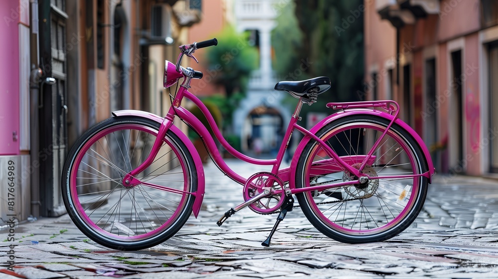 Bright pink bicycle parked along a lively urban street, space for text on the left. Bright pink bicycle parked along a lively urban street, space for text on the left.