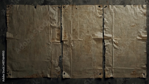 Old grunge torn collage urban street posters creased crumpled paper placard texture background. Ripped faded paper backdrop surface placard on gray wall background. photo