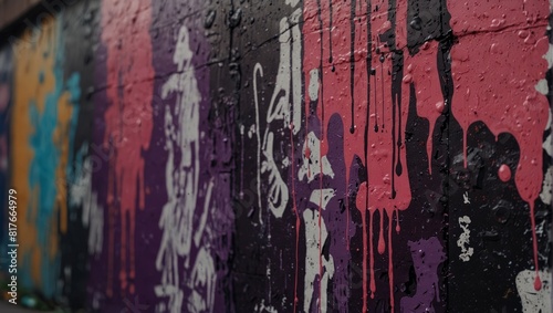 Part of old graffiti in city street. Abstract messy paint strokes and smudges on an old painted wall. Pink, purple color drips, flows, streaks of paint and paint sprays.