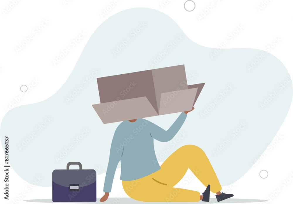 Fototapeta premium depressed businessman sitting covered his head with box, shameful cannot face people or society.flat vector illustration.