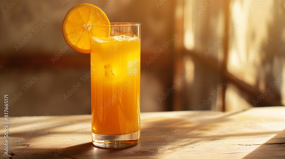 Freshly squeezed orange juice in a tall glass with a slice of orange on the rim. Freshly squeezed orange juice in a tall glass with a slice of orange on the rim.
