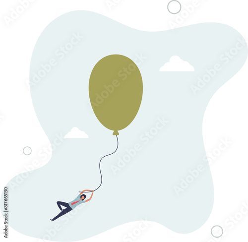 businesswoman investor holding flying balloon tight afraid to fall off.flat vector illustration.