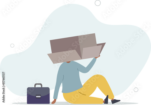 depressed businessman sitting covered his head with box, shameful cannot face people or society.flat vector illustration.