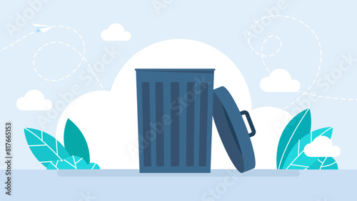 Trash can open. Metal trashcan for garbage with opened cover. Empty rubbish can cartoon design. Ecology and environment concept. Isolated on white background. Flat style. Vector illustration photo