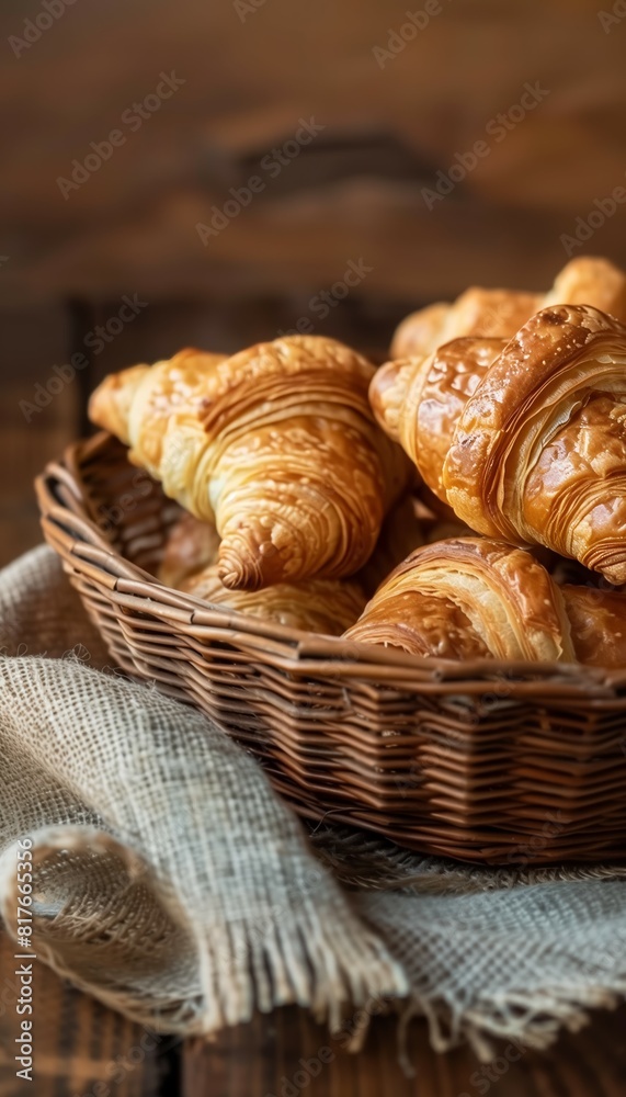 A basket filled with golden, flaky croissants, fresh out of the oven, resting on a rustic wooden table.
