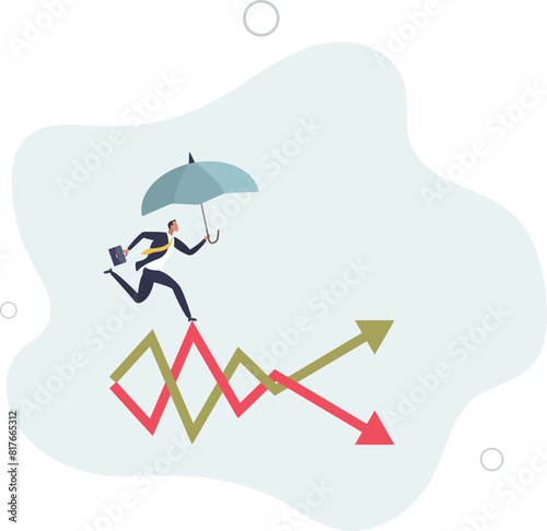 businessman with umbrella run on volatile graph.flat vector illustration.