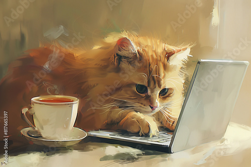Chaton, chat en télétravail, travaille à la maison sur un clavier d'ordinateur, avec un micro casque © Loostik