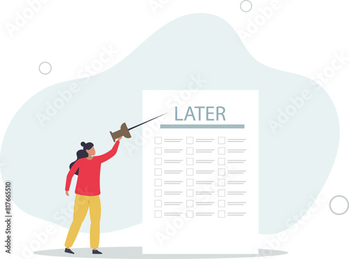 office worker look at long list of later todo list paper note pinned on the wall.flat vector illustration.