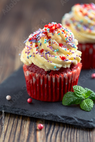Red velvet cupcake close up.