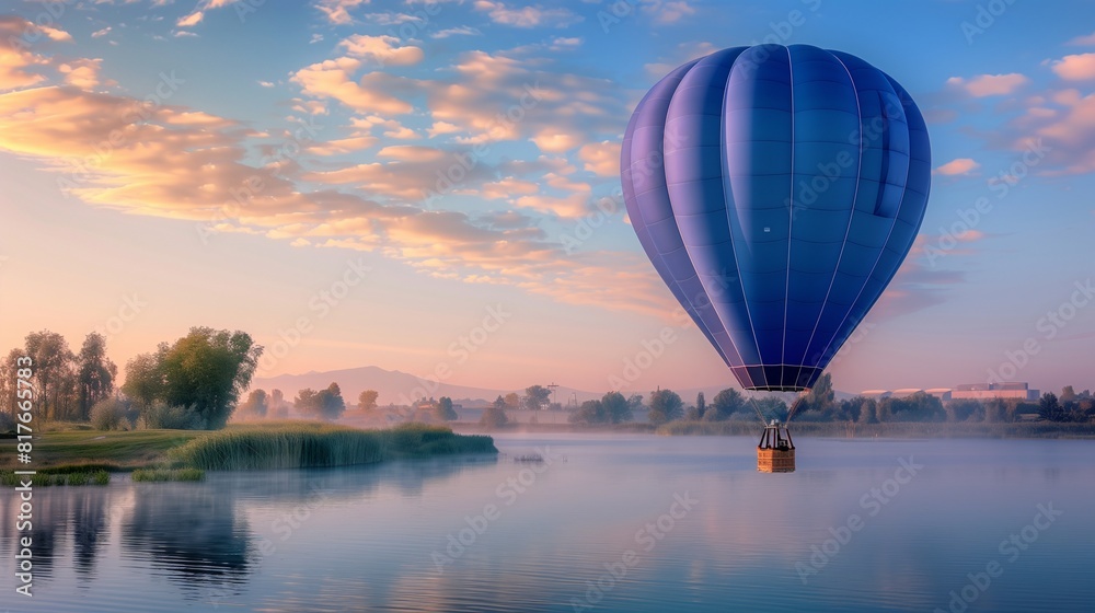 Fototapeta premium Cobalt blue hot air balloon floating over a serene lake at dawn, space for text on left.