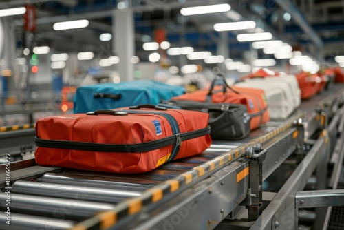 Airport baggage sorting luggage on conveyor belt air travel