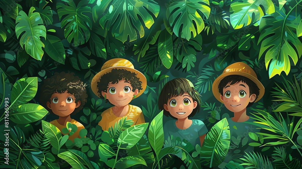 A group of children are hiding in the jungle A group of children are hiding in the jungle