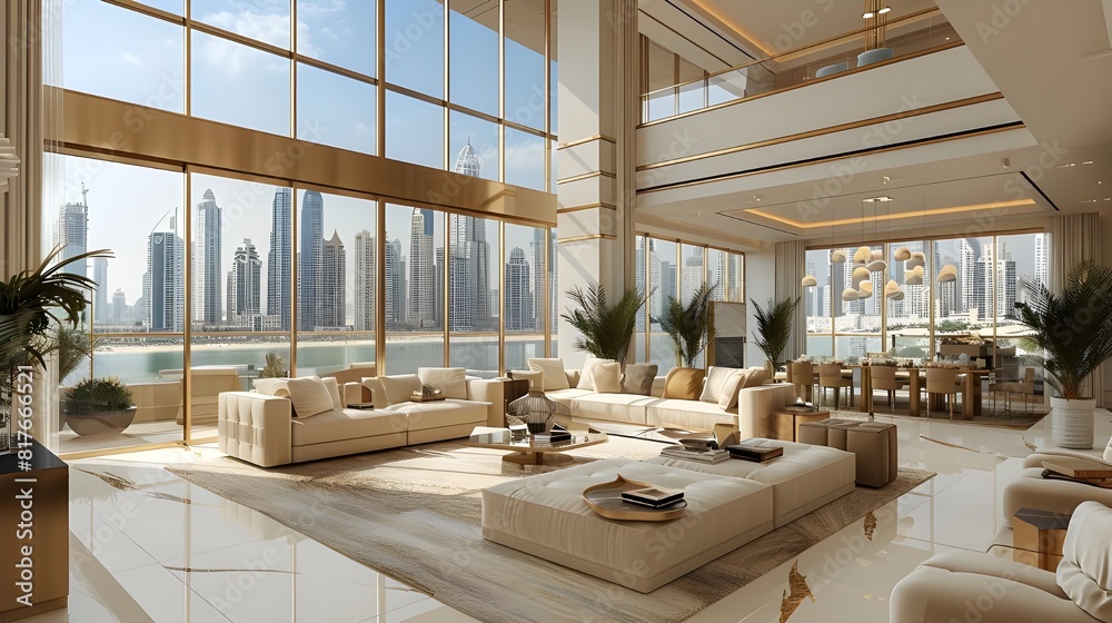 luxury architecture in Dubai, 3d render interior of contemporary decor living room, designer furniture, expansive glass windows, city skyline with skyscrapers, landmark iconic tower at background.