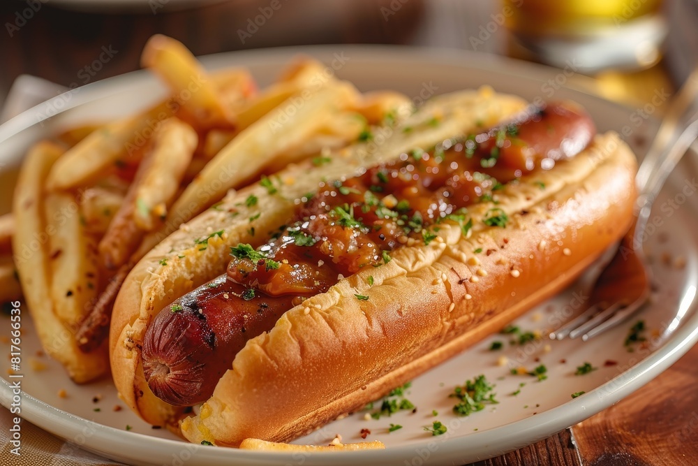 American fast food corn dog with steak fries