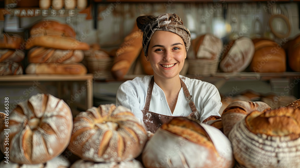 Cute girl baker against the background of shelves of bread