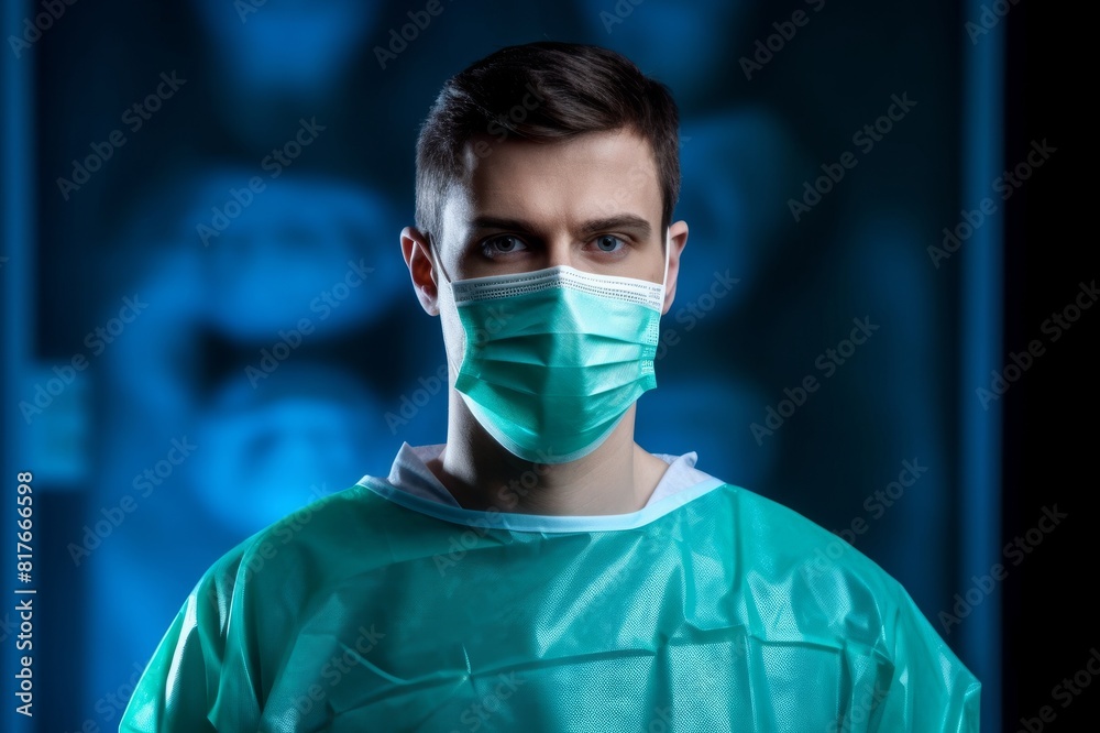 portrait of male doctor smile in surgical mask and protective clothing