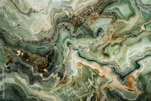Marble slab  showcasing a unique  swirling pattern in shades of green and brown 