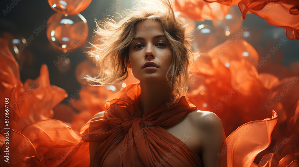 Naklejka premium Woman wearing a red dress in fashion show