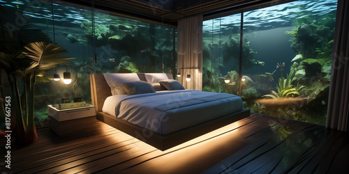 A stylish bedroom with a glass floor, providing an overhead view of a serene swimming pool, surrounded by tropical plants and illuminated by underwater lights for a resort-like ambiance