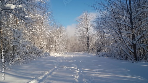 Tranquil and serene winter forest landscape with snow-covered trees, sunlight, and peaceful nature scenery