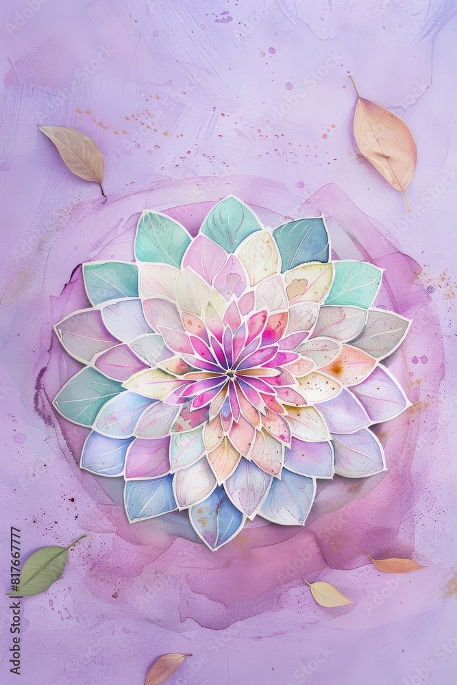 hand painted watercolor mandala illustration, sticker, in dusty pink, sage green, sky blue, purple, beige, white, dry isolated on pastel light purple color background