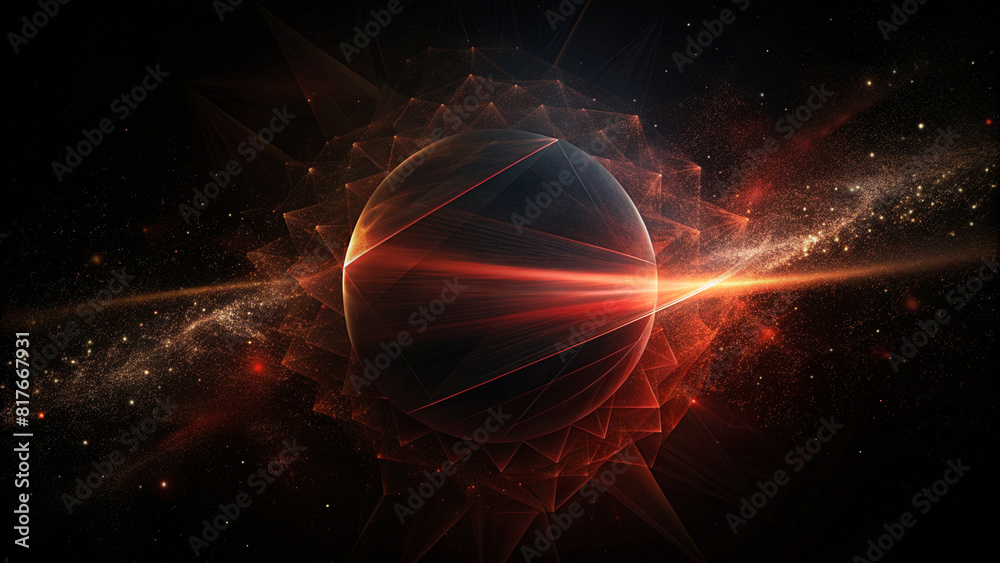 Fototapeta premium Geometric Crystal Structure in Cosmic Space: Digital Artwork of Illuminated Polyhedron with Light Beams, Shadows, and Highlights on Dark Background.