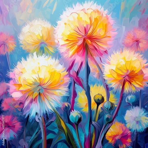 Illustration of bright dandelions close-up