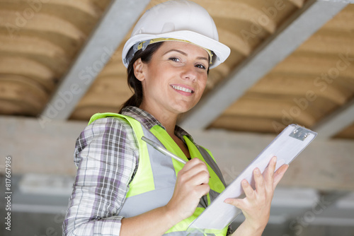 smiling woman builder holding clipboard indoors