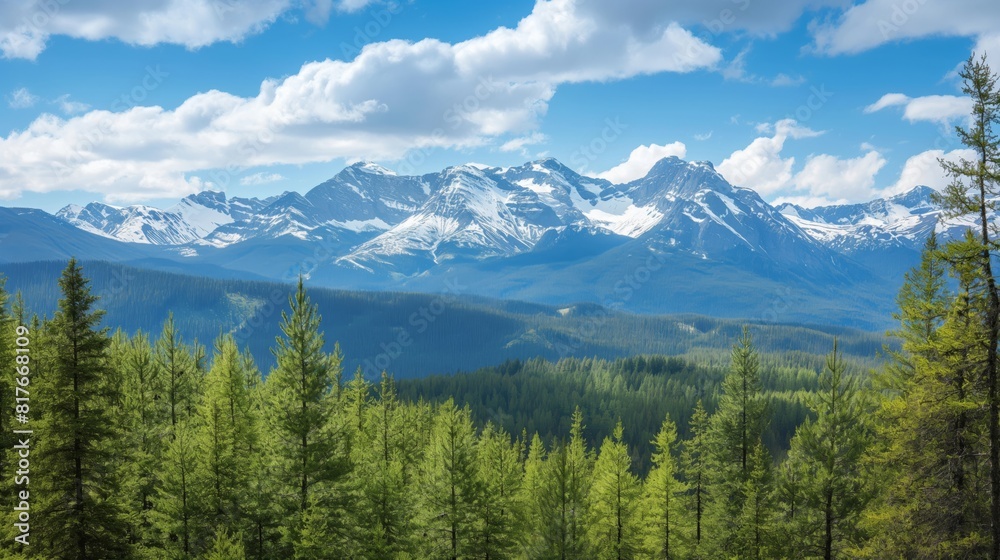 Breathtaking view of a mountain range with snow-capped peaks and lush green forest under a blue sky