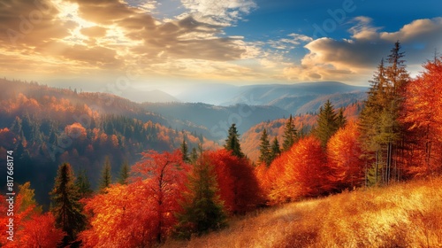Breathtaking mountain vista during fall with vibrant foliage under a sunset sky