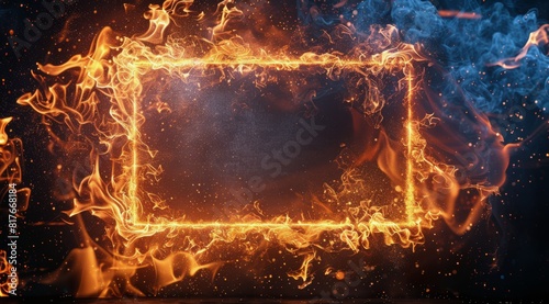 Square Frame of Fire on Dark Background