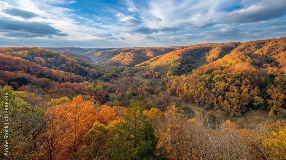 Vibrant fall foliage blankets rolling hills under a dynamic sky at a scenic overlook