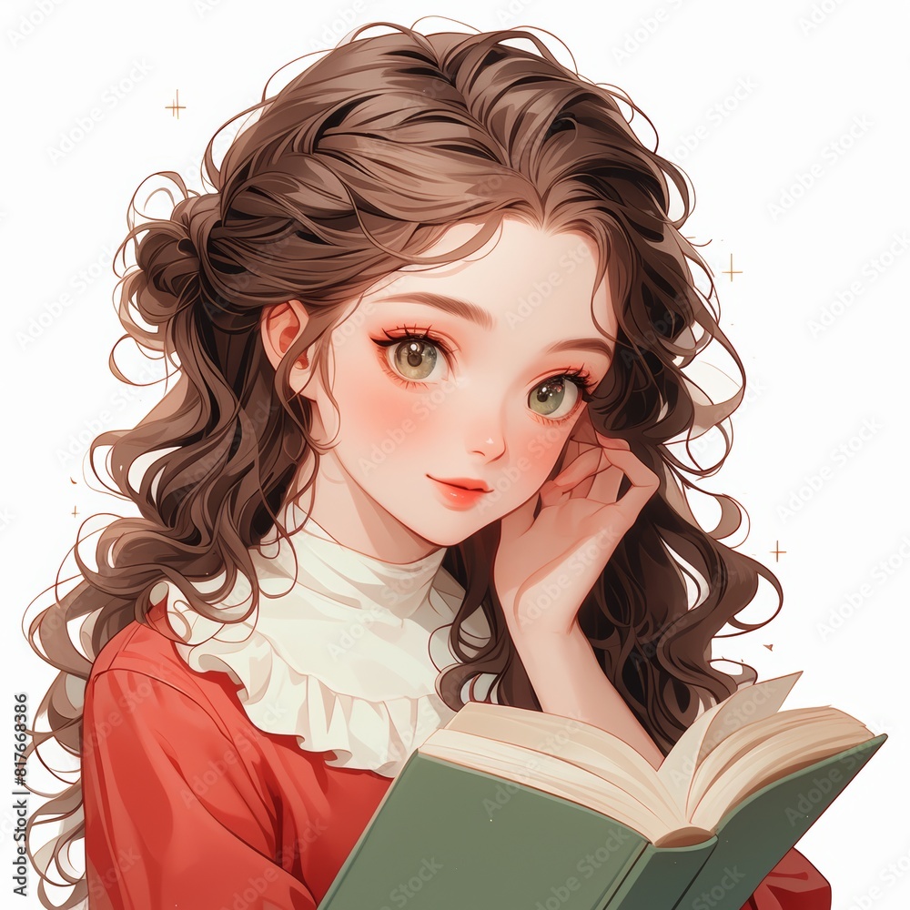 illustration a lady portrait, reading , brown hair, big eyes, red clothes, white isolated background illustration a lady portrait, reading , brown hair, big eyes, red clothes, white isolated background