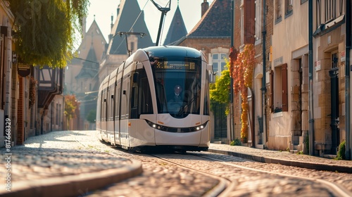 Modern white tram moving through a historic European town, space for text on the left.