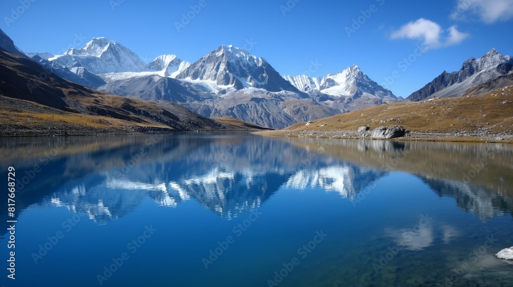 Tranquil and serene mountain lake reflection with snow capped mountains. Clear blue waters. And untouched natural beauty