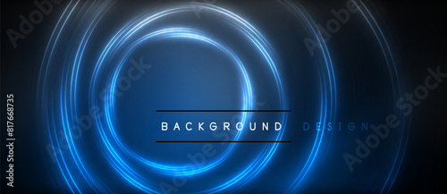 Neon glowing circle rays, light round lines in the dark, planet style neon wave lines. Energetic electric concept design for wallpaper, banner, background