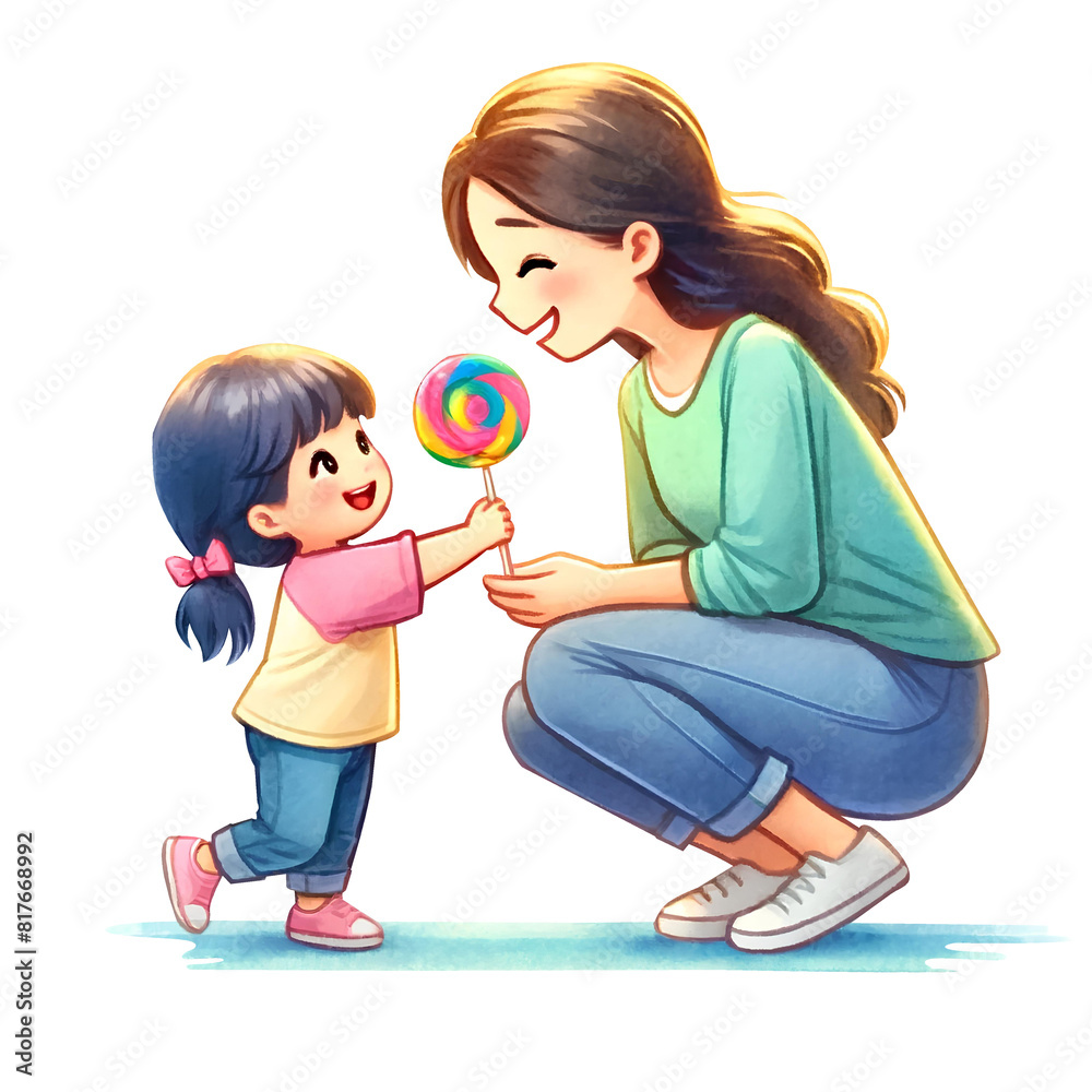 little girl offering a lollipop to her mother as a sweet gesture little girl offering a lollipop to her mother as a sweet gesture