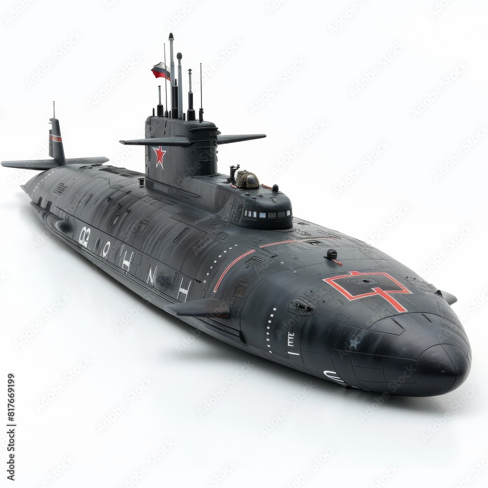 Detailed model of a Russian submarine displayed on a clean white background Detailed model of a Russian submarine displayed on a clean white background