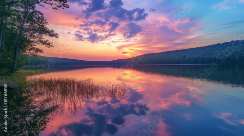 Tranquil waters reflect the stunning colors of sunset beside a peaceful lake © Татьяна Евдокимова